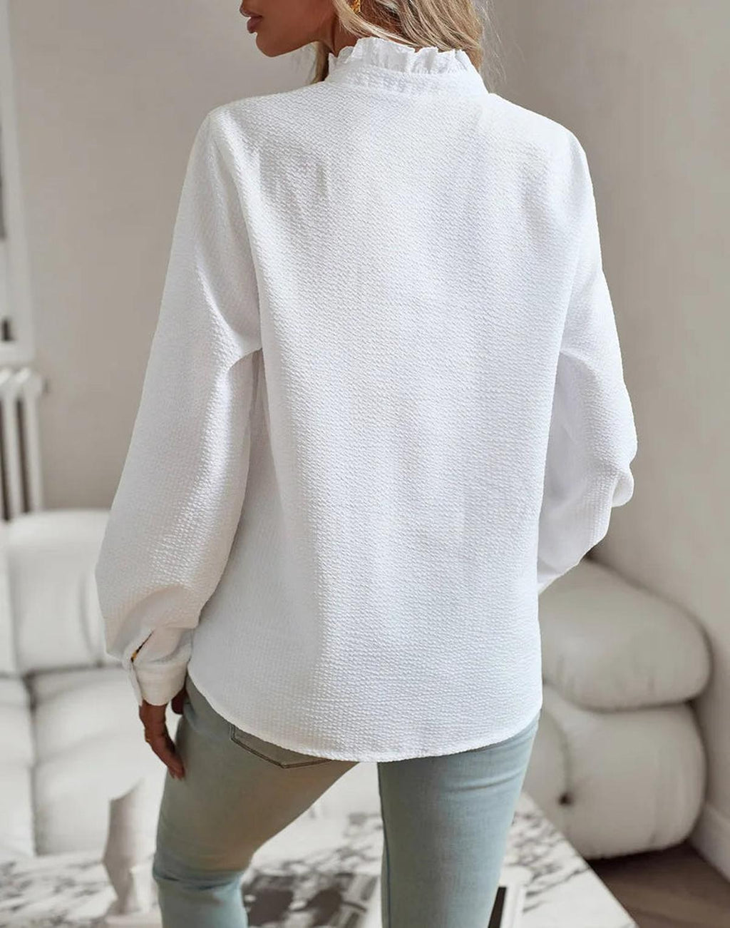Textured Ruffle Trim Button-Up Blouse