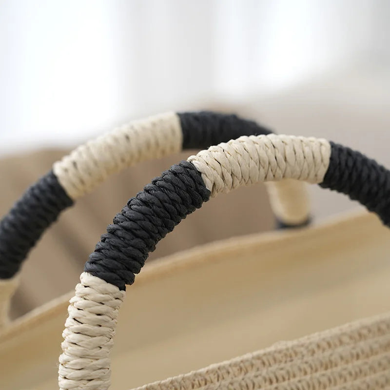 Striped Woven Handle Tote Bag