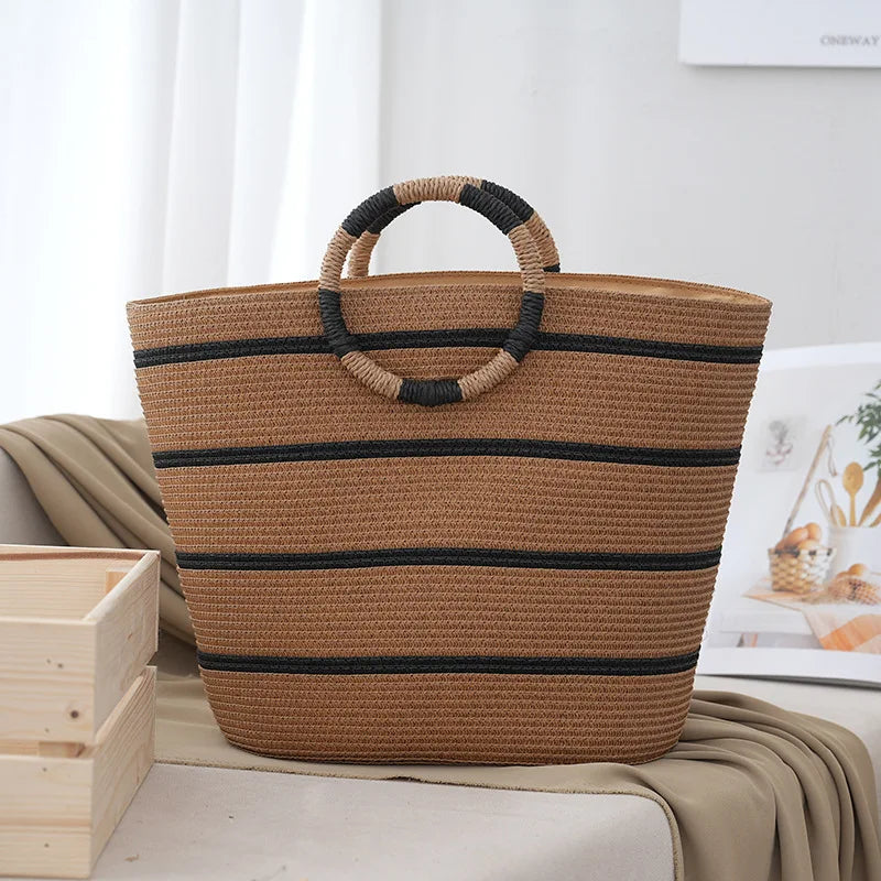 Striped Woven Handle Tote Bag
