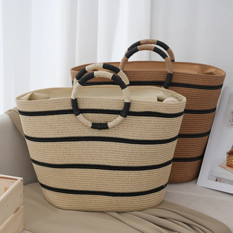 Striped Woven Handle Tote Bag