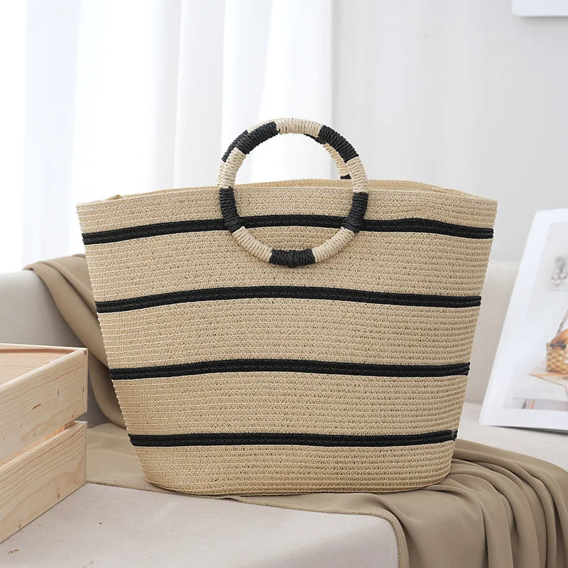 Striped Woven Handle Tote Bag