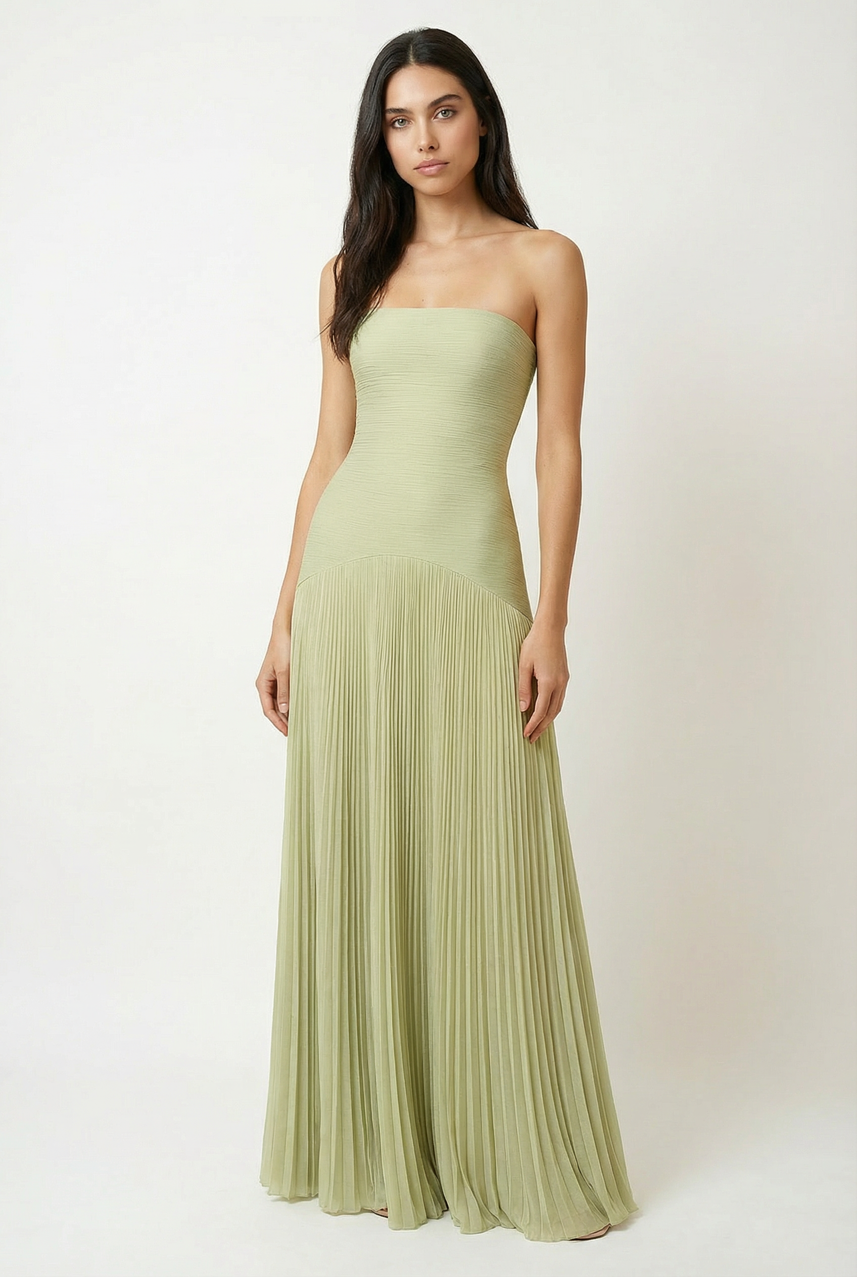 Strapless Pleated Green Wedding Guest Maxi Dress