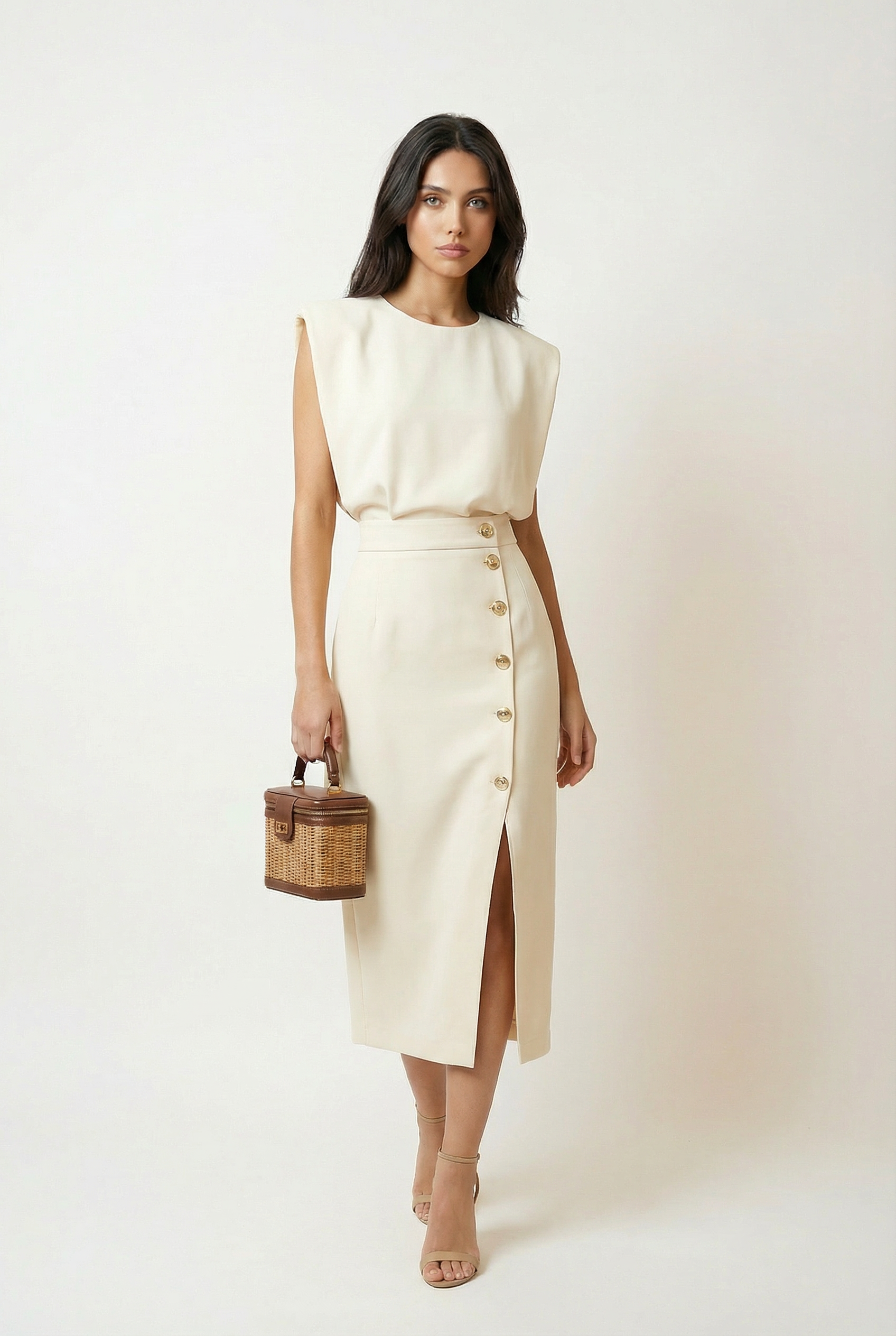 Sleeveless Midi Dress with Button Detail