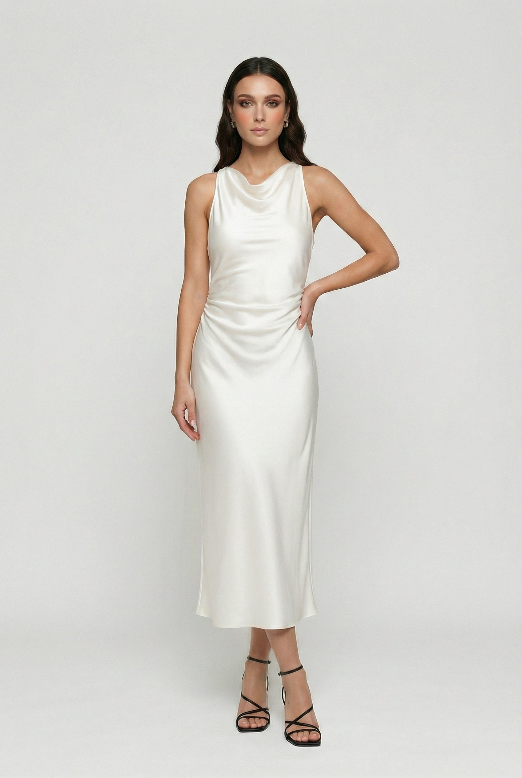 Satin Cowl Neck Midi Dress