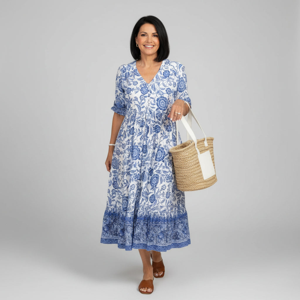 Block Print Tiered Midi Dress