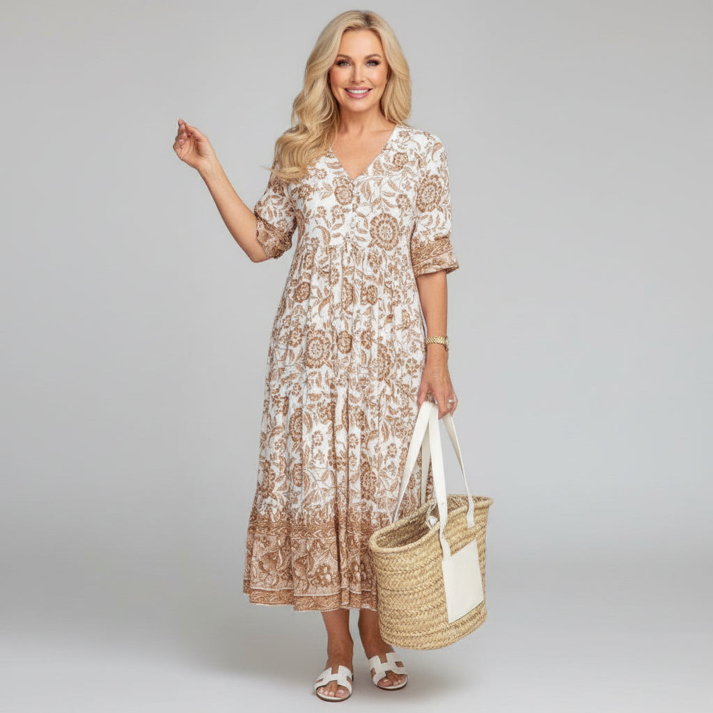 Block Print Tiered Midi Dress