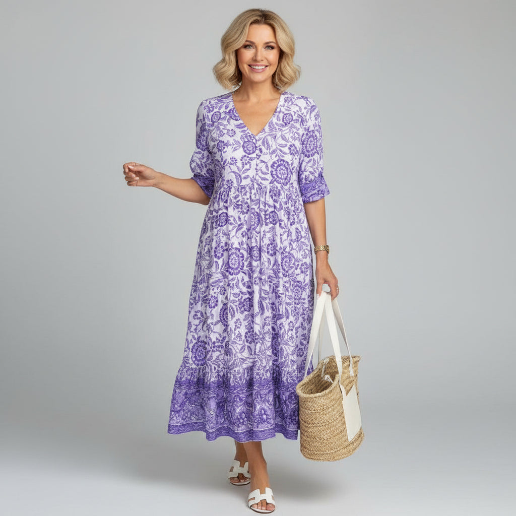 Block Print Tiered Midi Dress