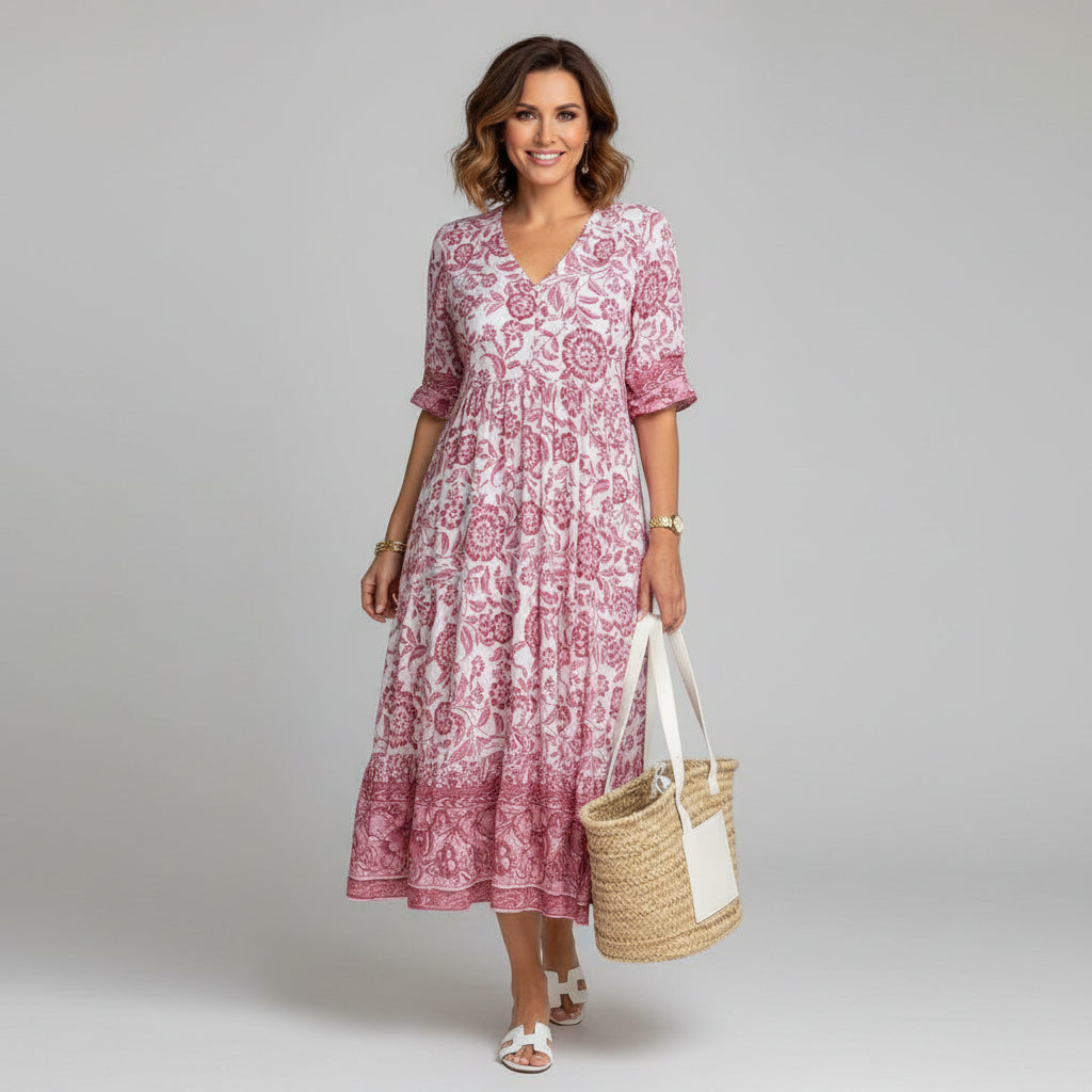 Block Print Tiered Midi Dress