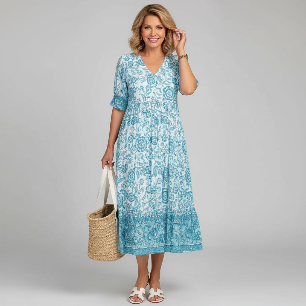 Block Print Tiered Midi Dress