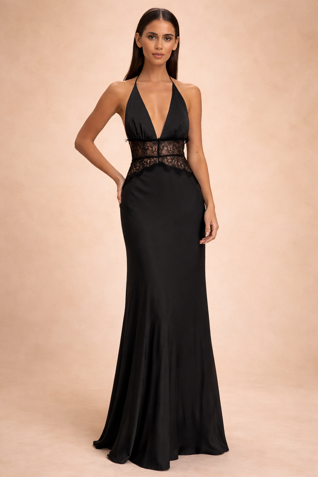 Halter Neck Satin Maxi Dress with Lace Waist Panel