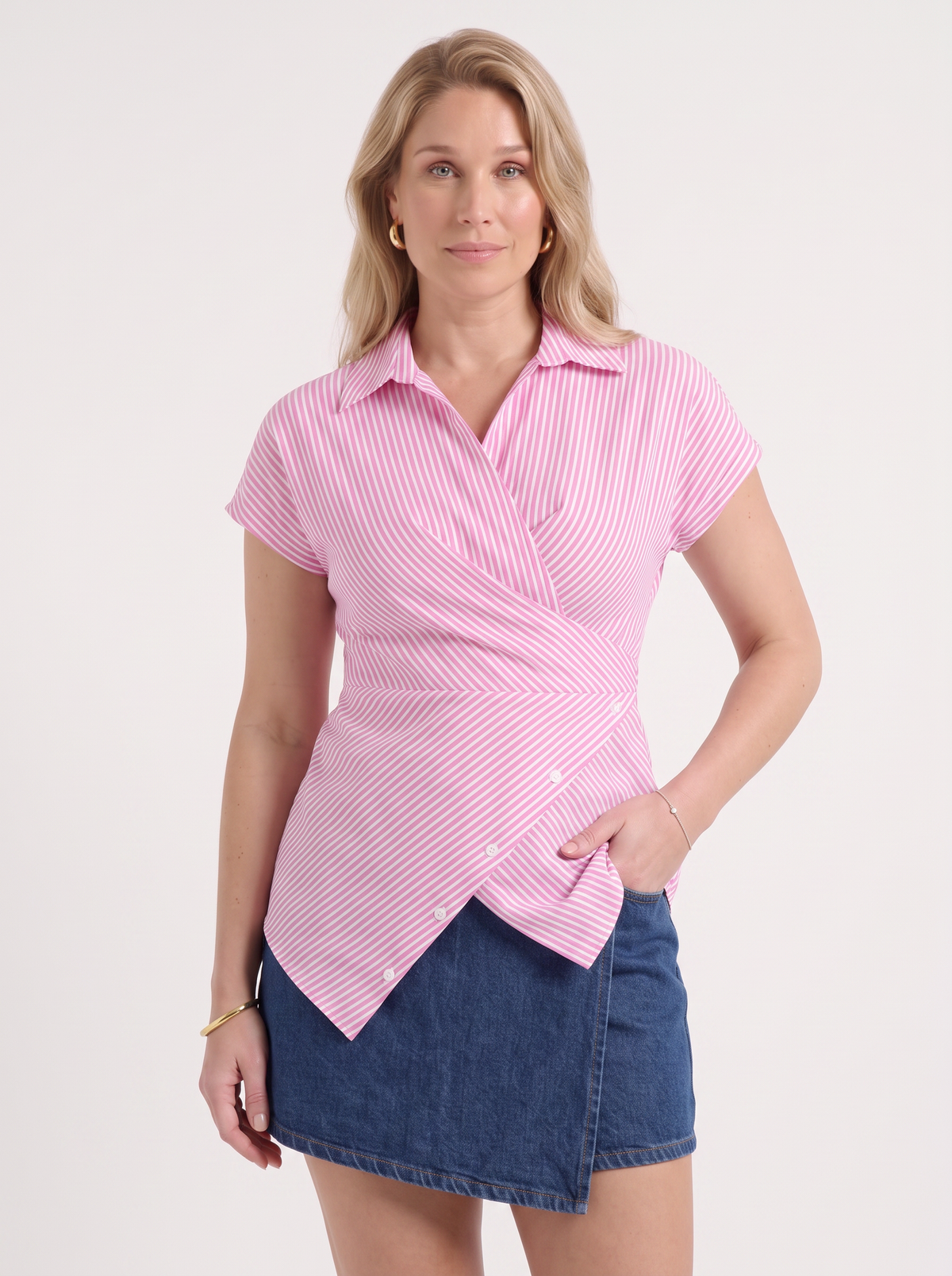 Striped Wrap Button Blouse