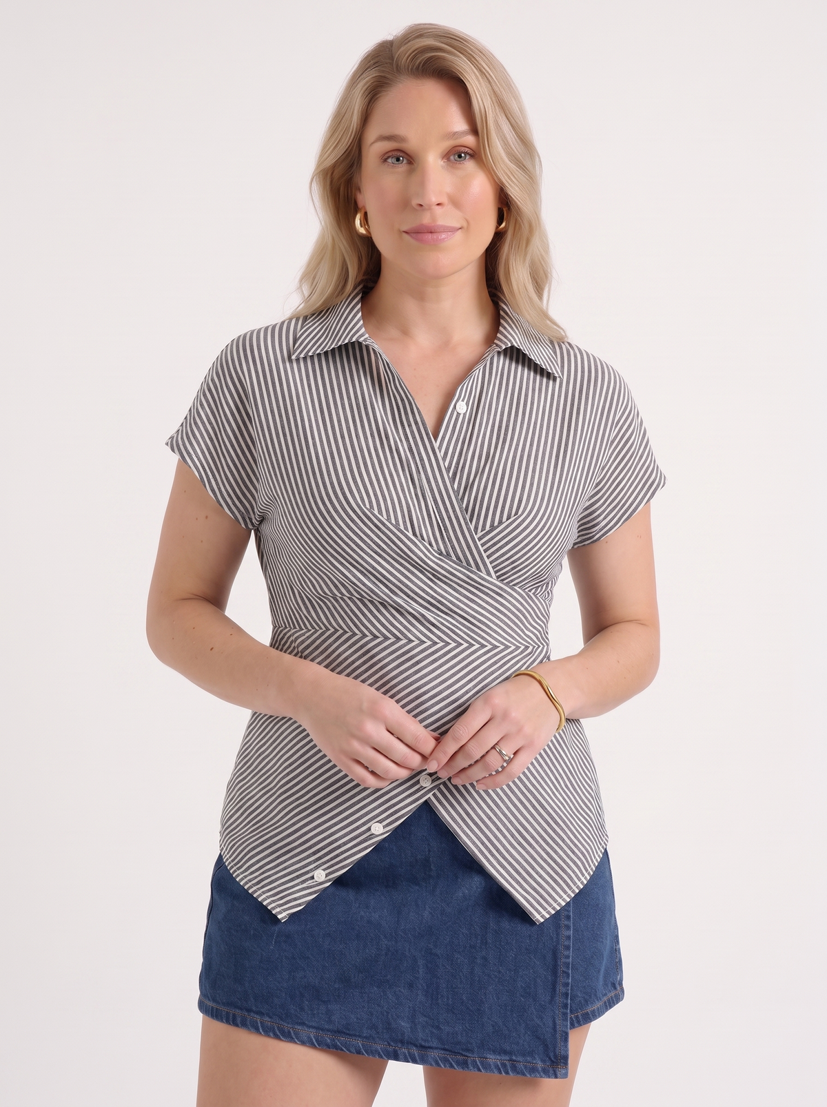 Striped Wrap Button Blouse