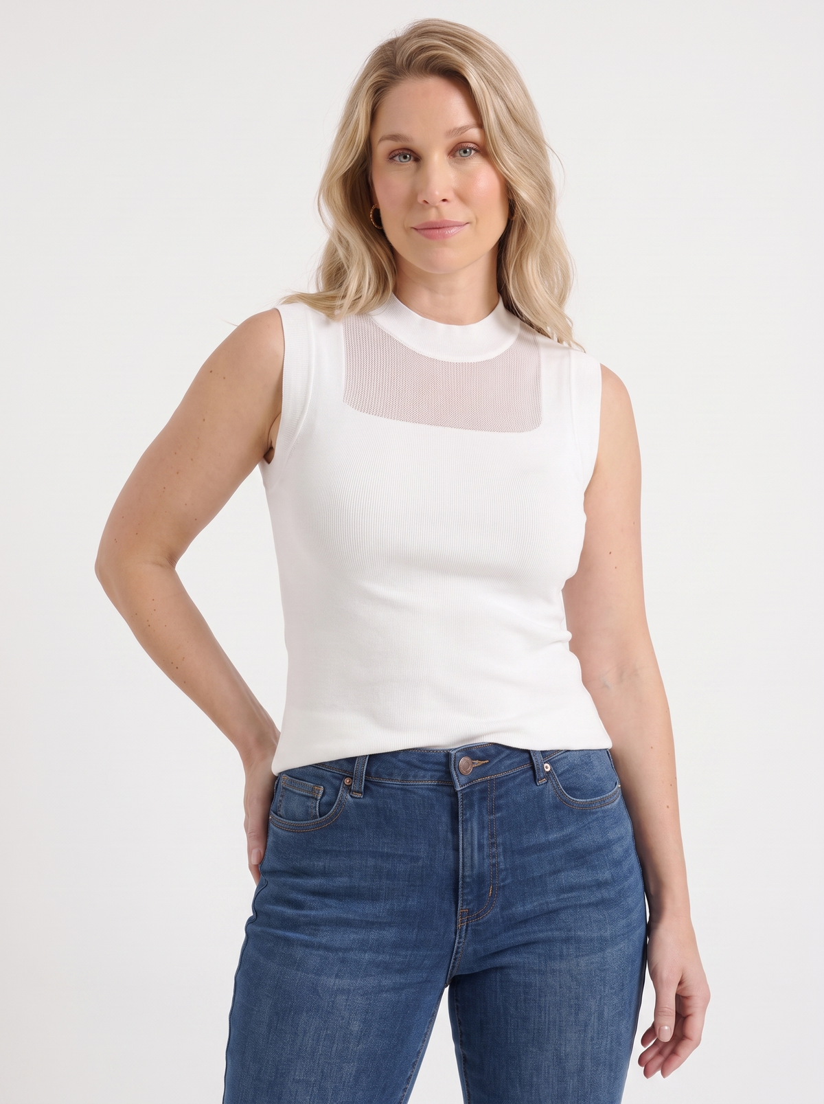 Mesh Panel Ribbed Sleeveless Top