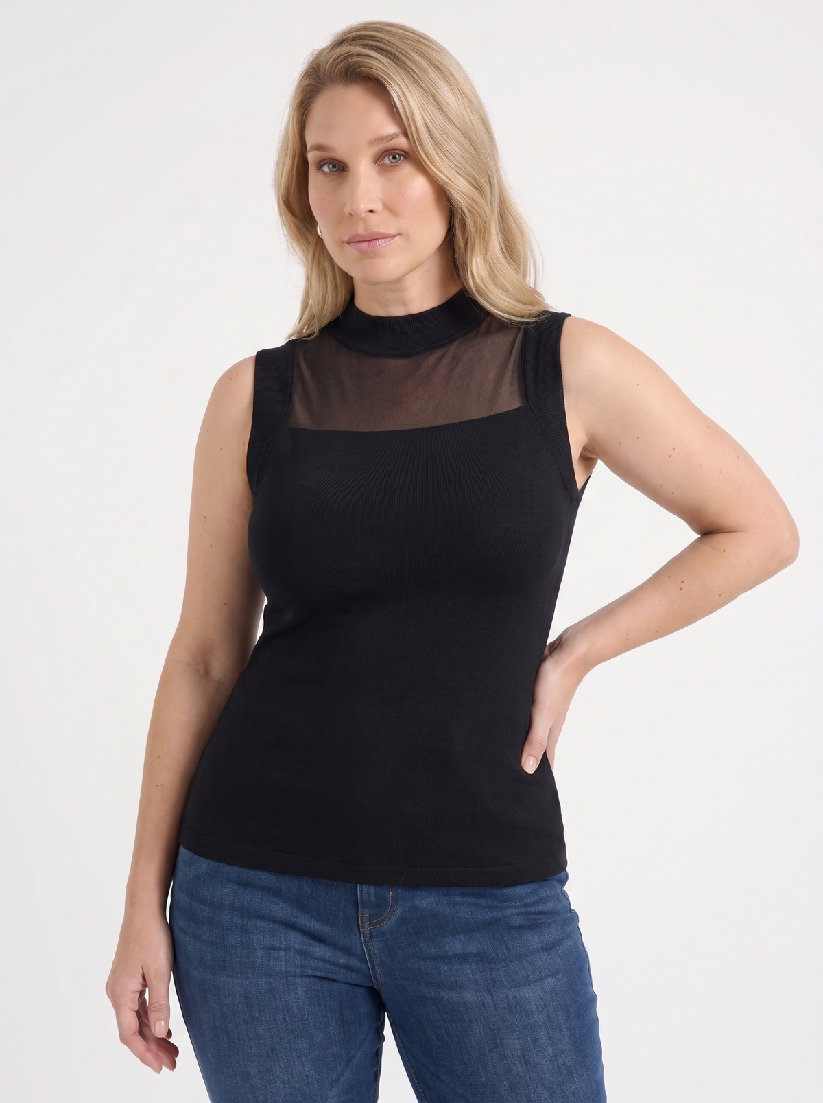 Mesh Panel Ribbed Sleeveless Top