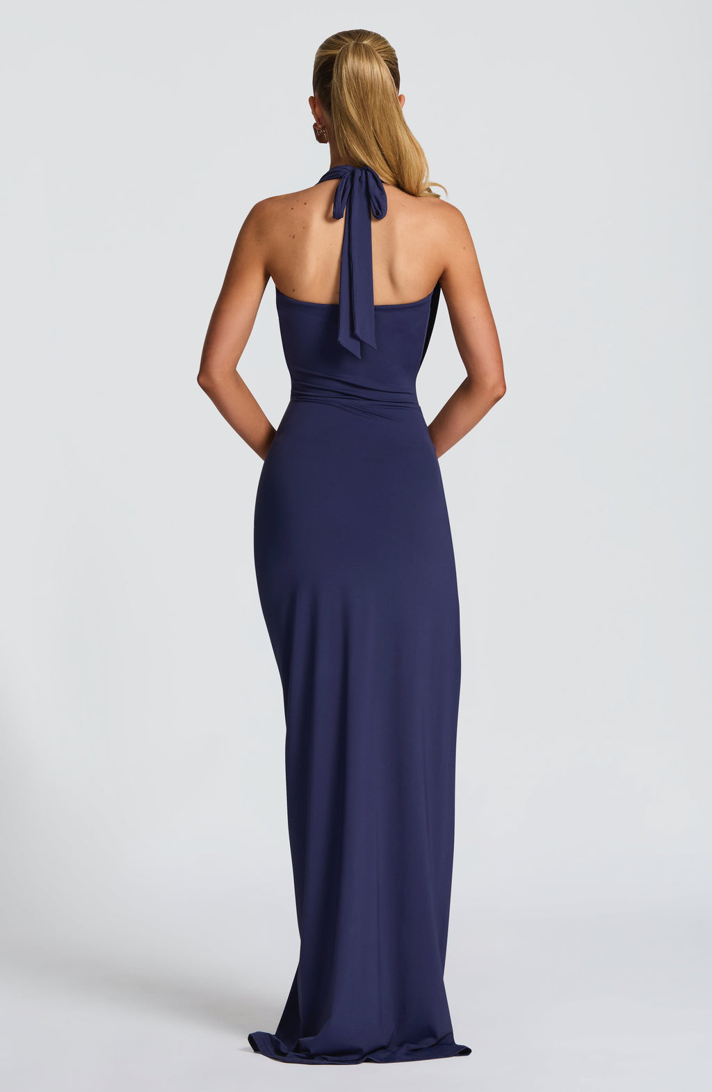 Navy Slinky Jersey Halter Maxi Dress