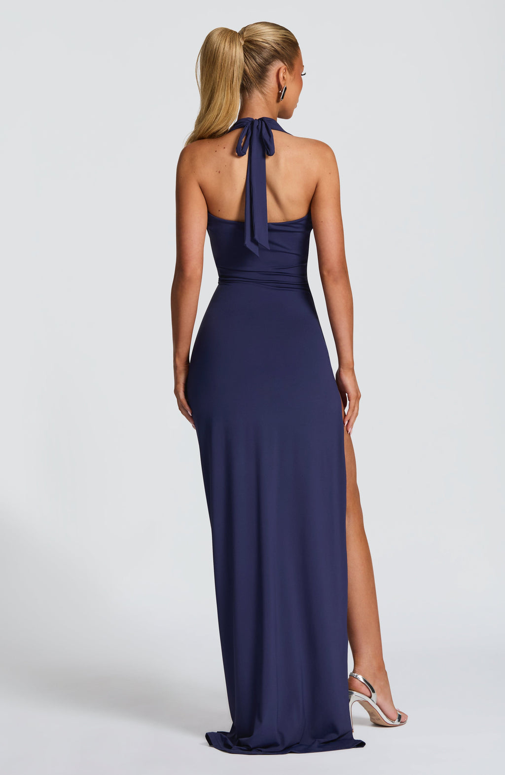 Navy Slinky Jersey Halter Maxi Dress