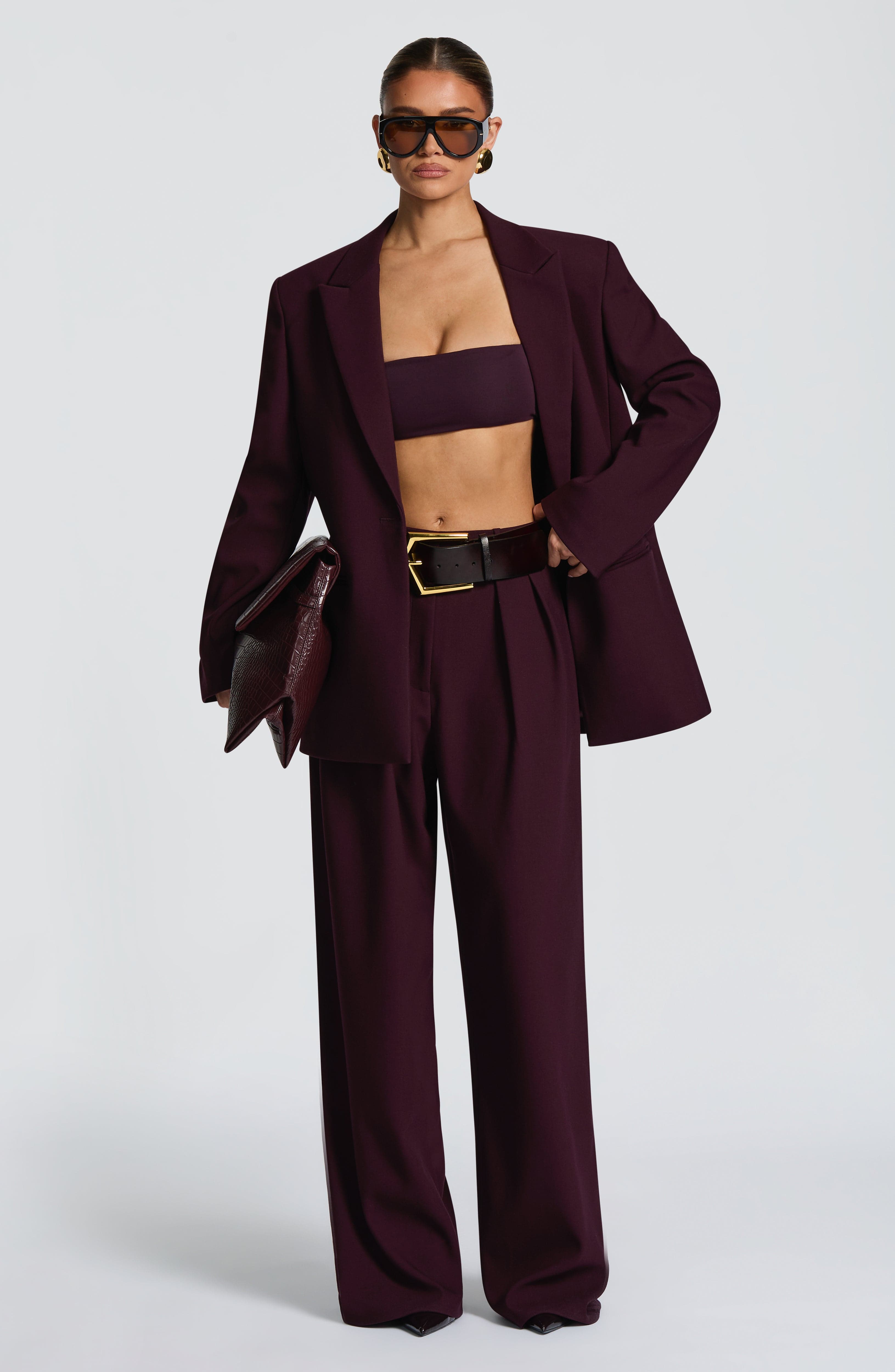 Plum Wide Leg Suit Trousers with Double Pleats