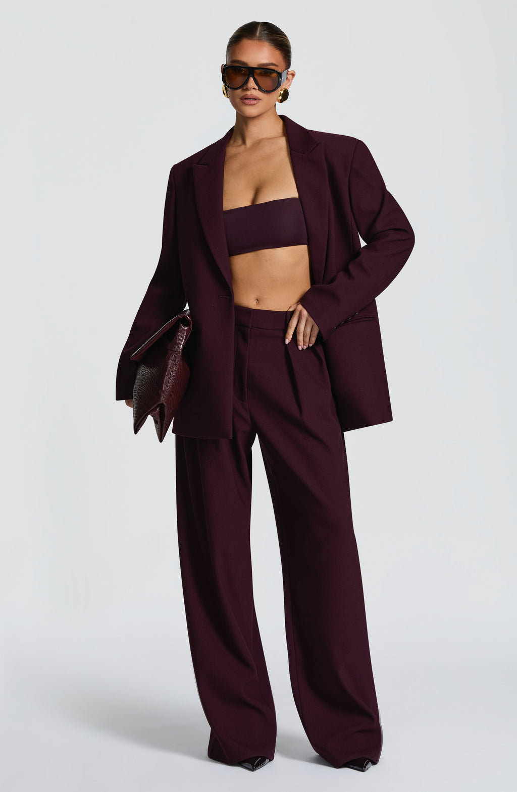 Plum Wide Leg Suit Trousers with Double Pleats