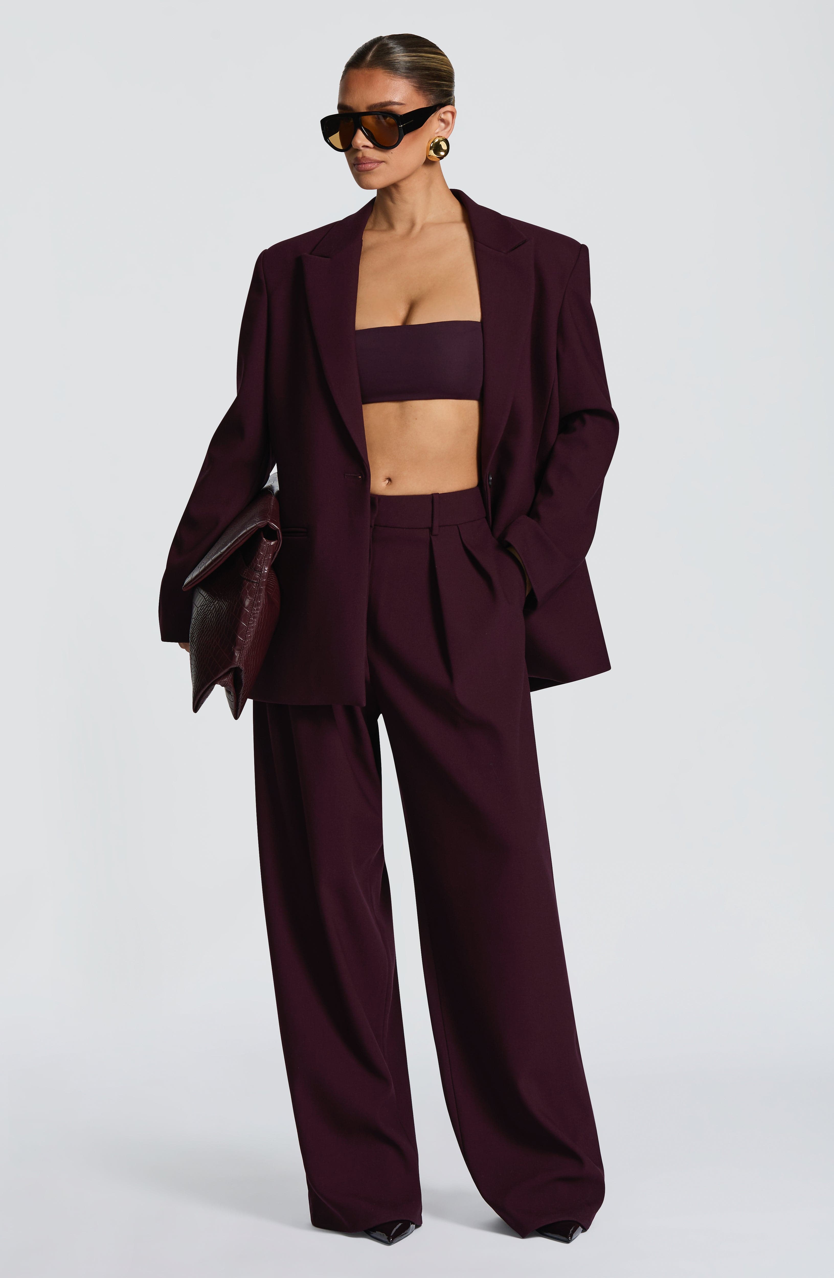 Plum Wide Leg Suit Trousers with Double Pleats