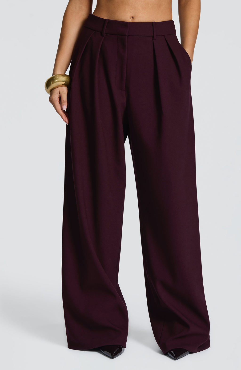 Plum Wide Leg Suit Trousers with Double Pleats
