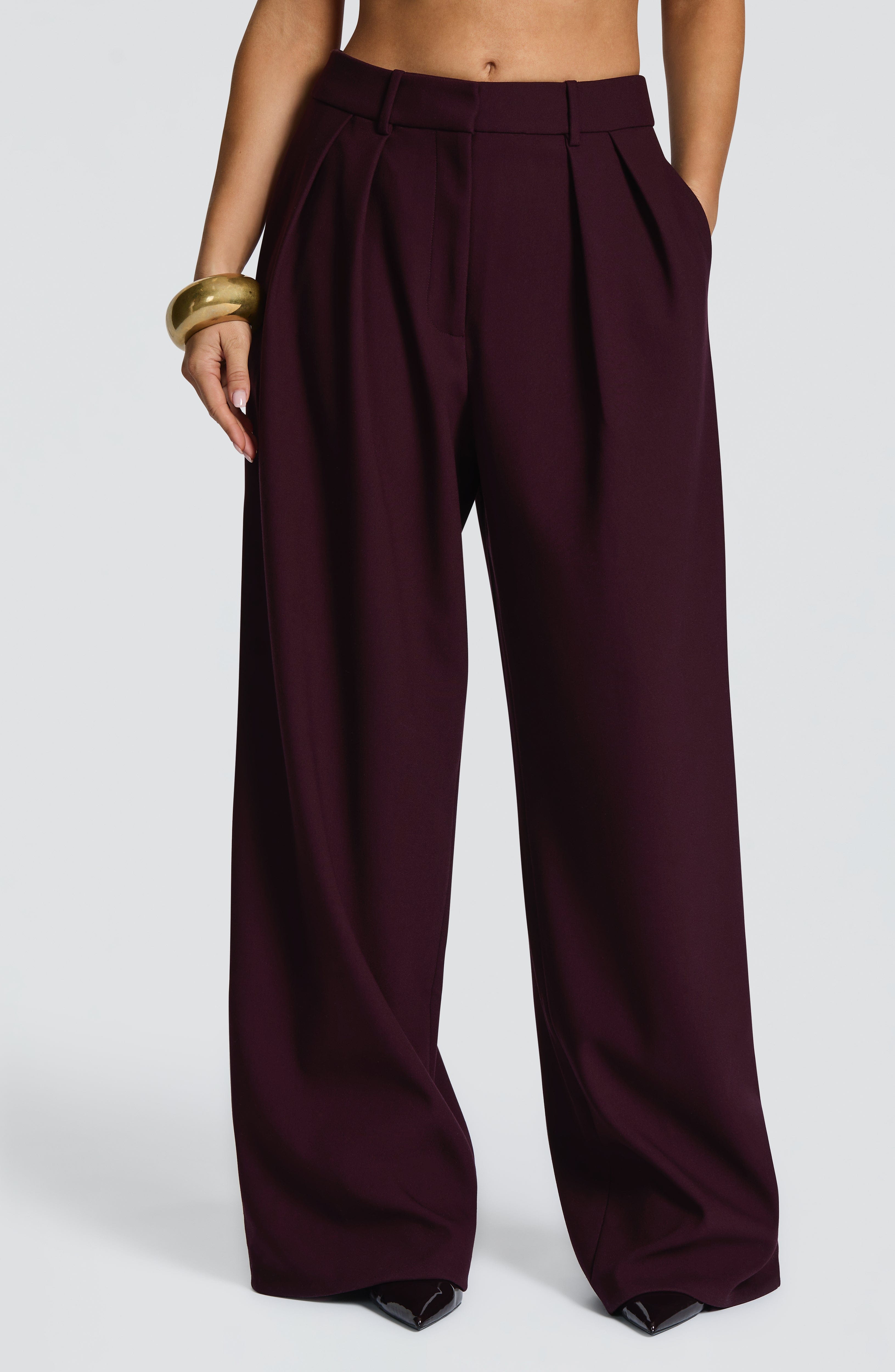 Plum Wide Leg Suit Trousers with Double Pleats