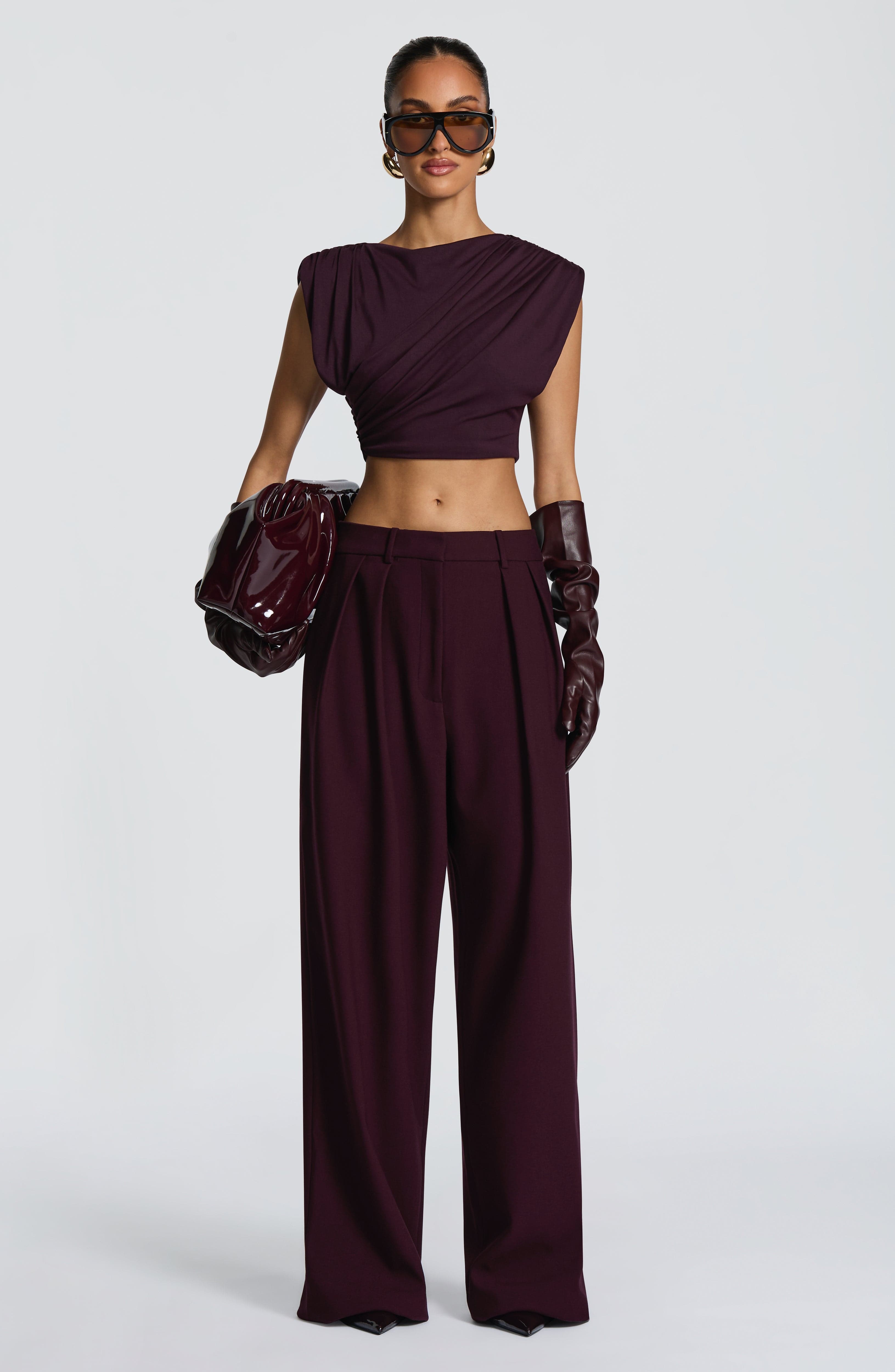 Plum Wide Leg Suit Trousers with Double Pleats