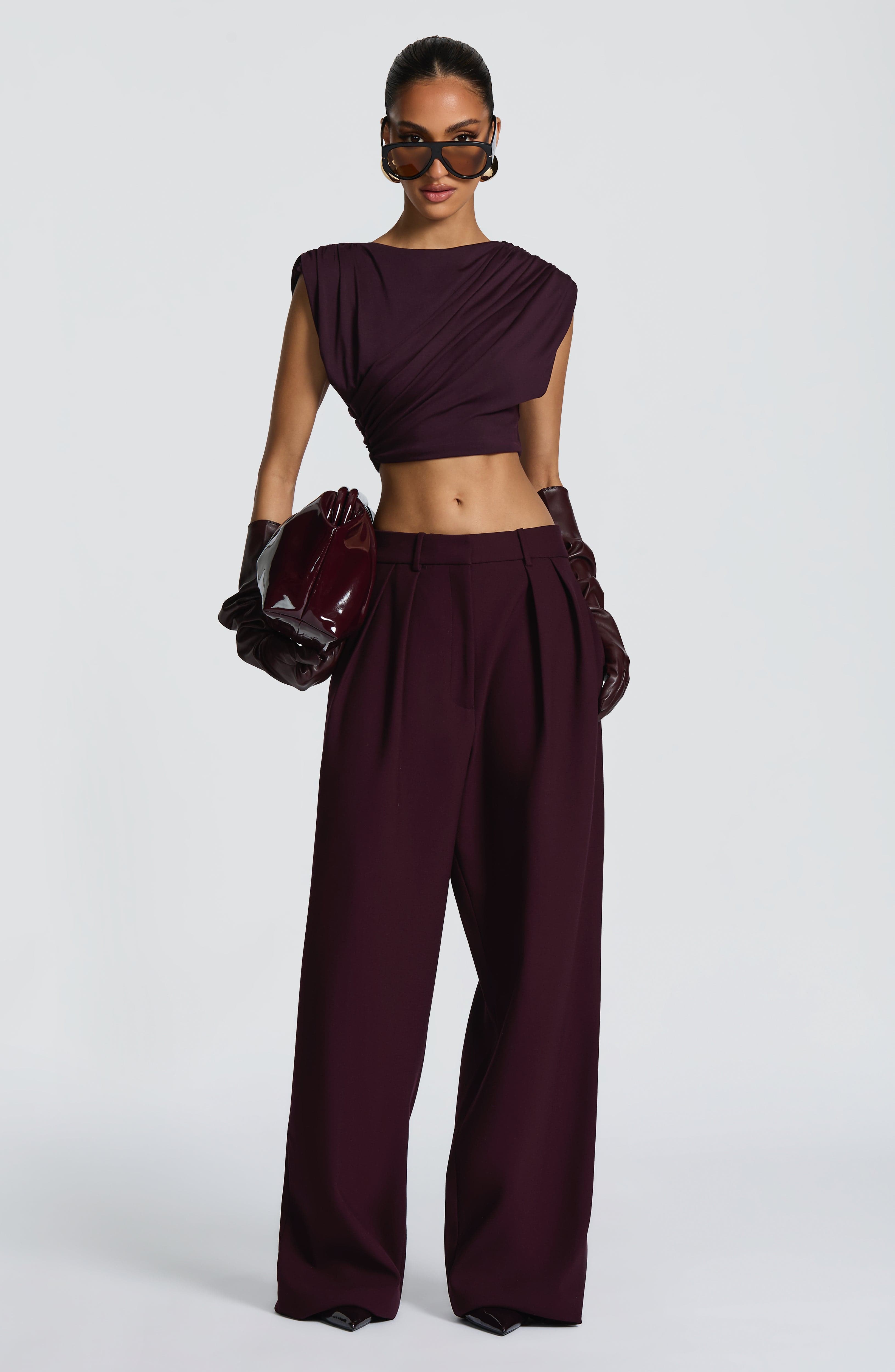 Plum Wide Leg Suit Trousers with Double Pleats