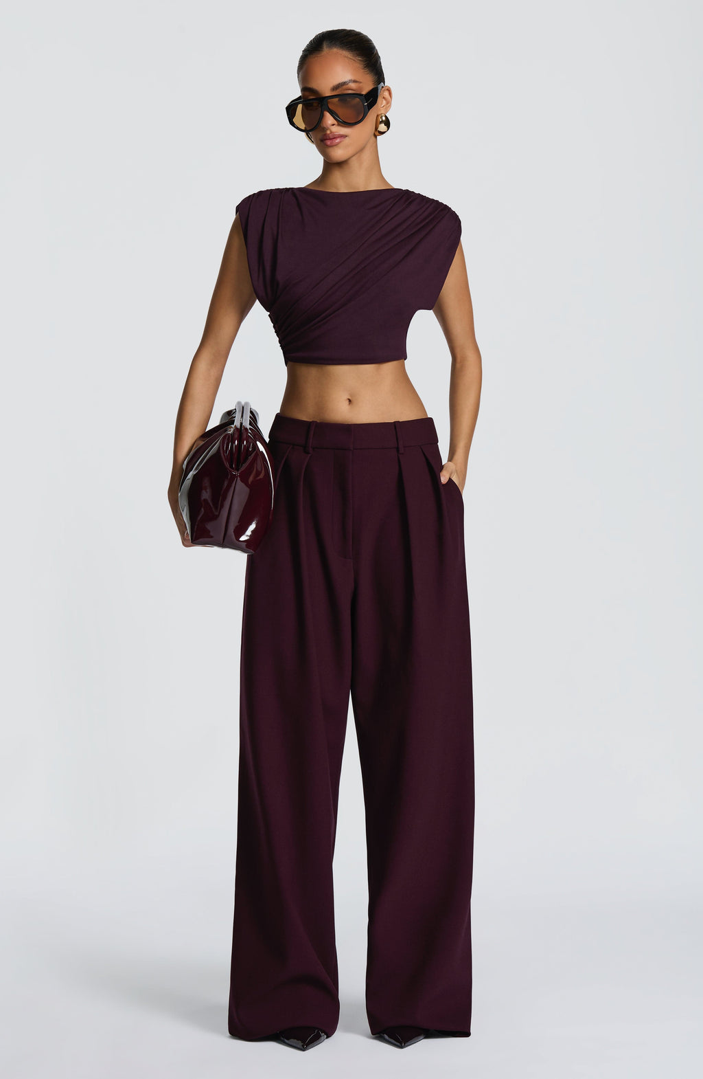 Plum Wide Leg Suit Trousers with Double Pleats
