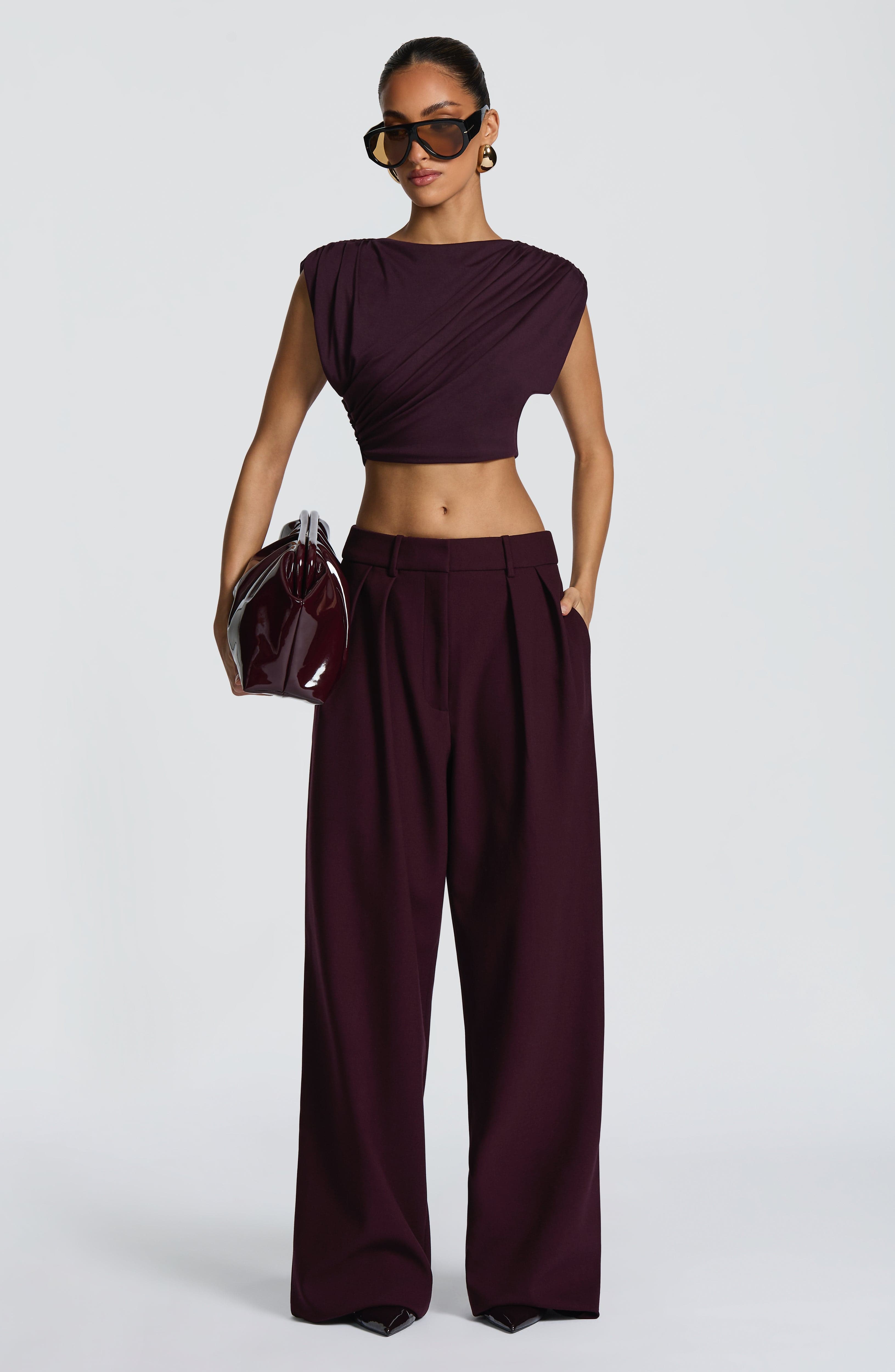 Plum Wide Leg Suit Trousers with Double Pleats
