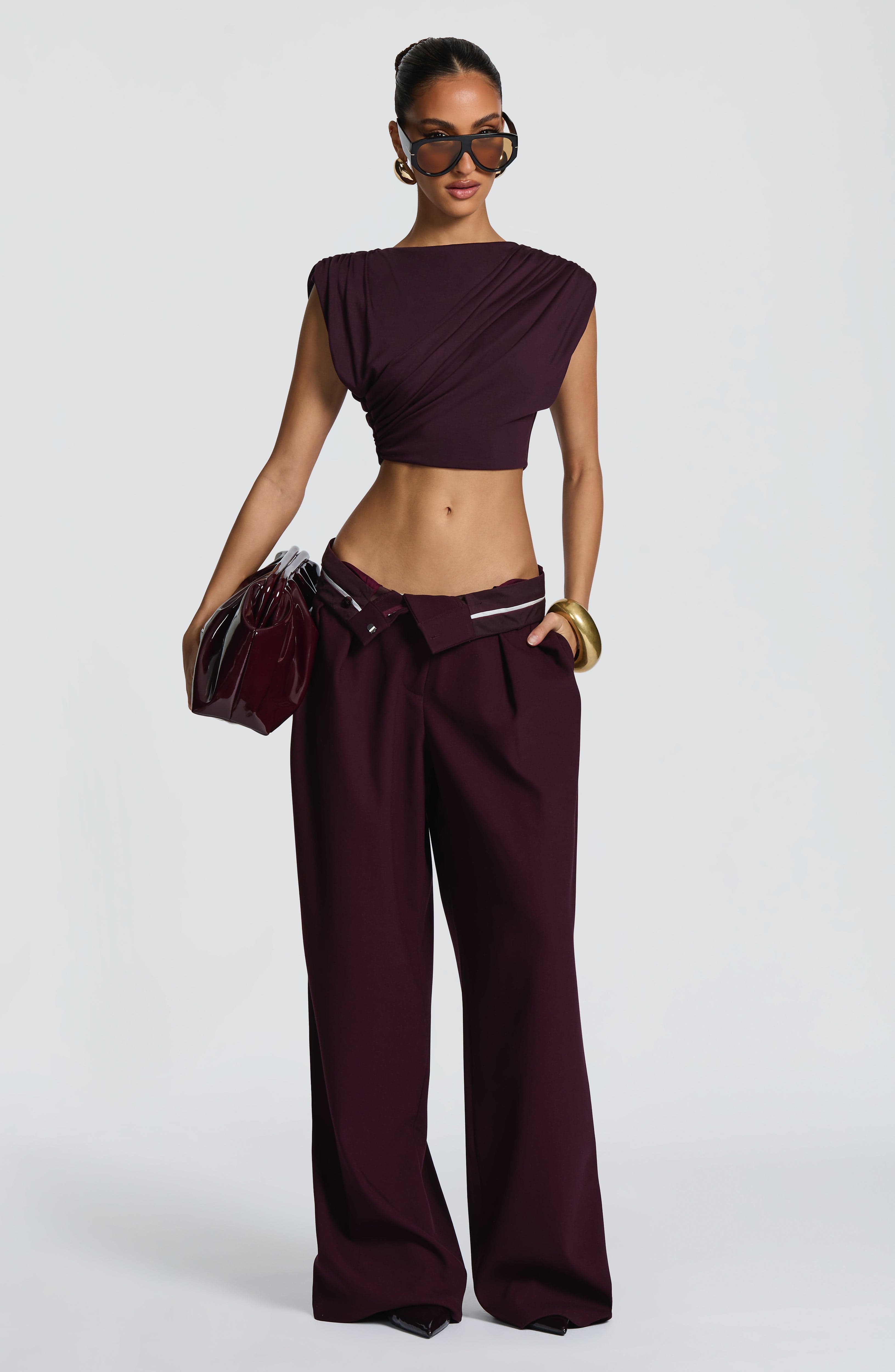 Plum Wide Leg Suit Trousers with Double Pleats