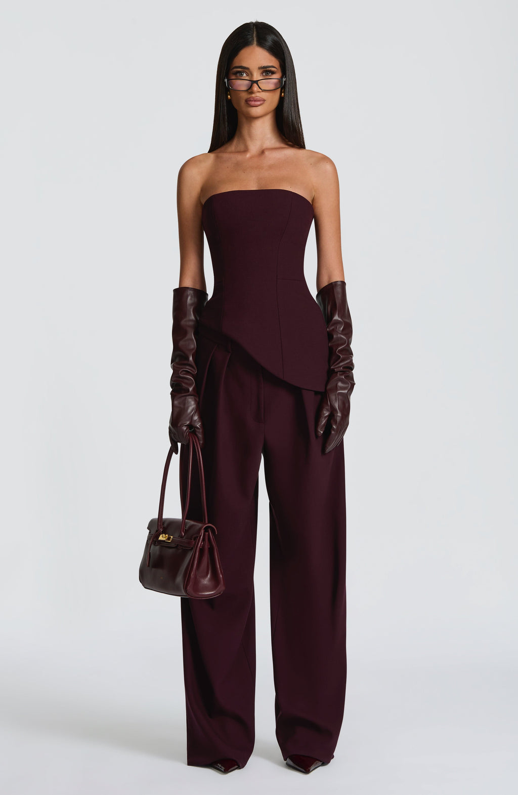 Plum Wide Leg Suit Trousers with Double Pleats
