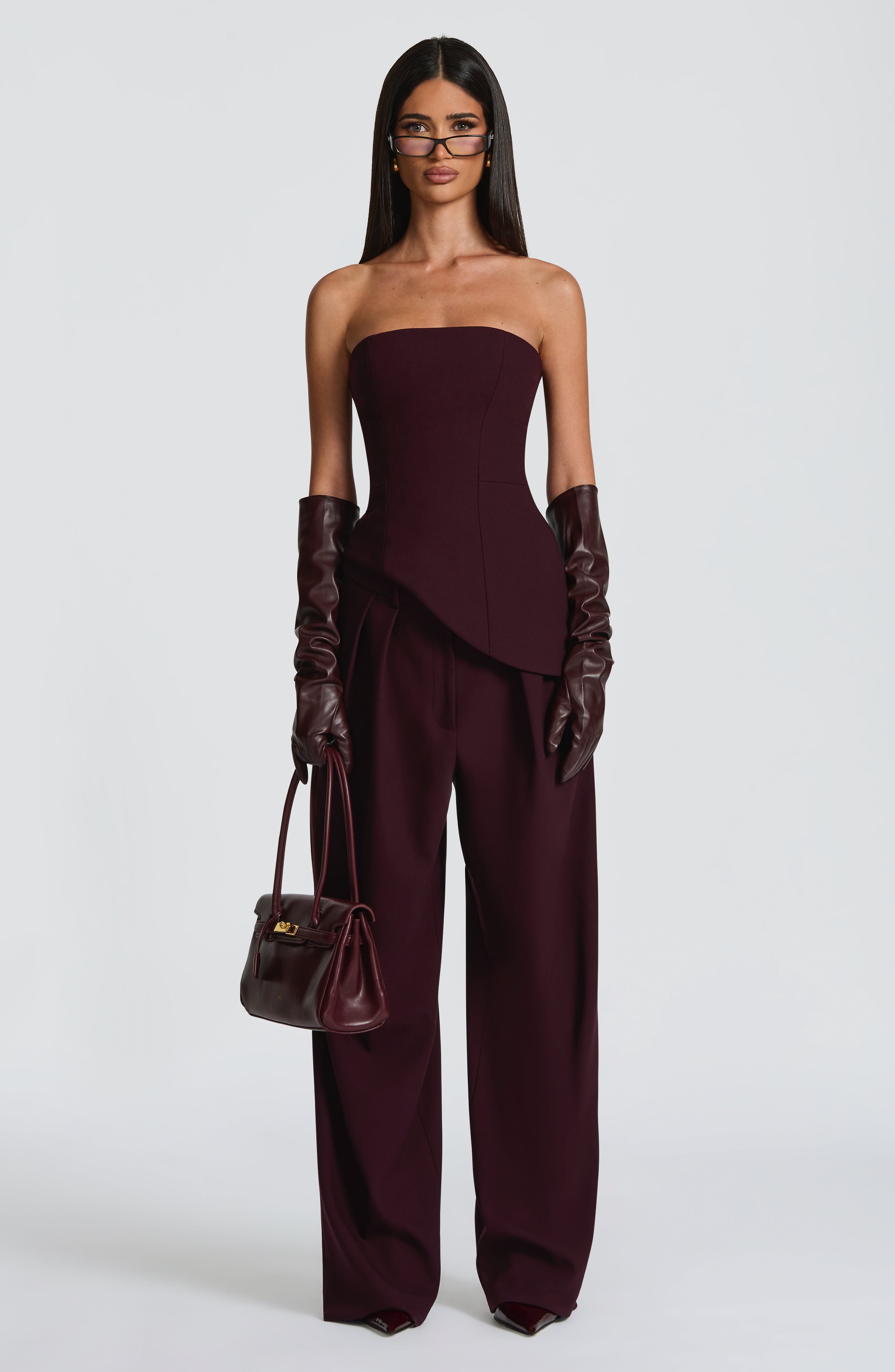 Plum Wide Leg Suit Trousers with Double Pleats