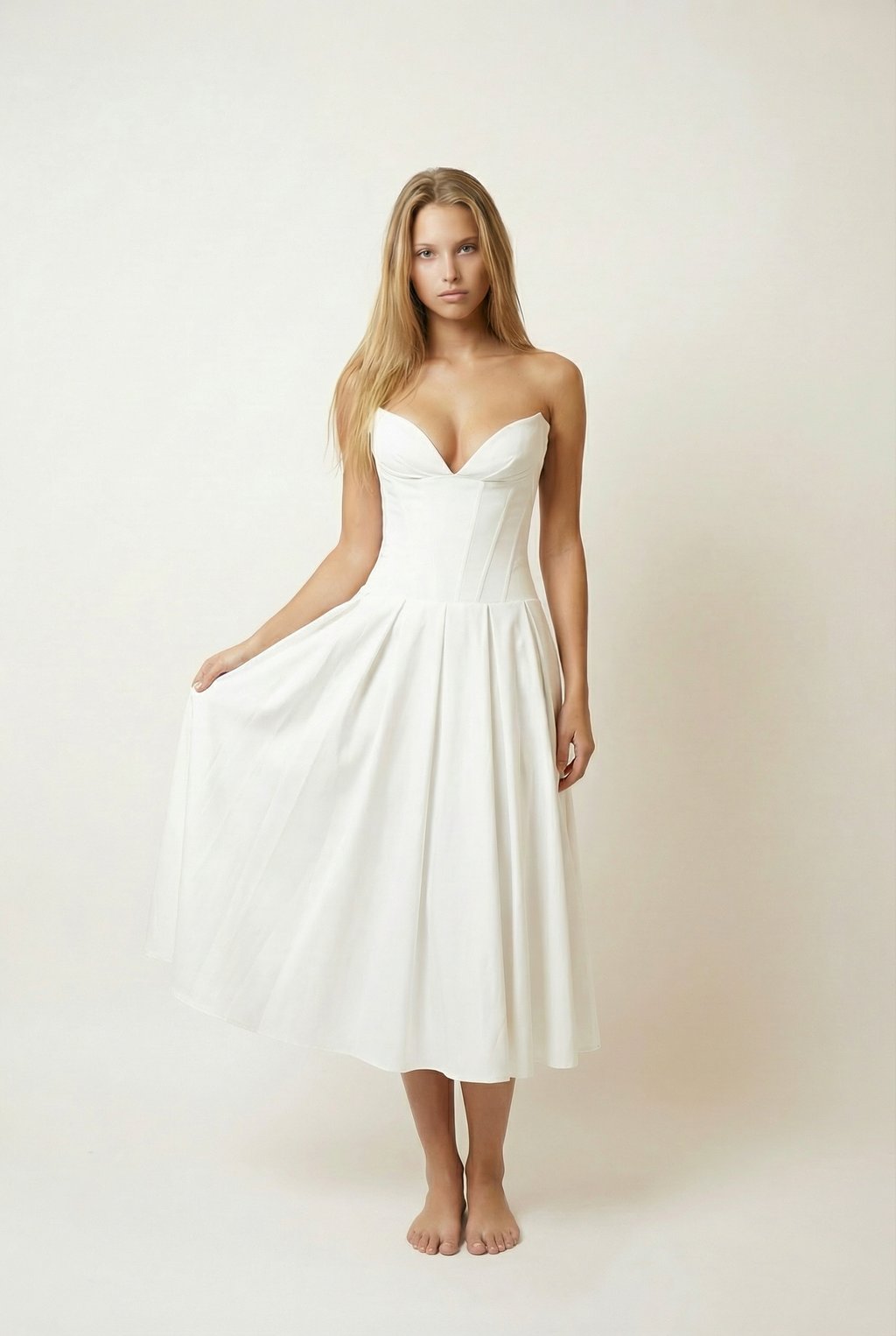 Structured Corset-Bodice Midi Dress - Strapless