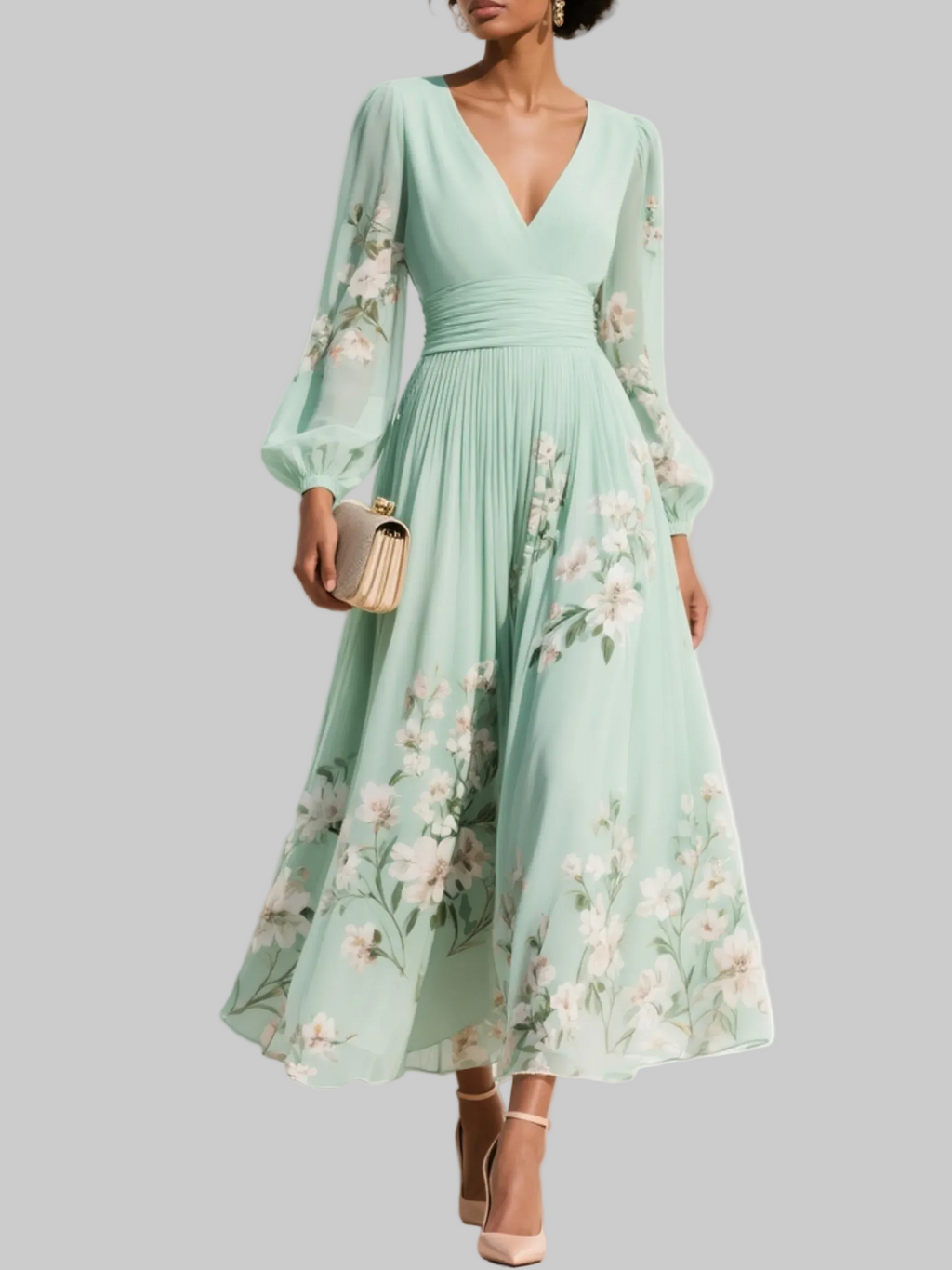Floral V-Neck Pleated Midi Dress