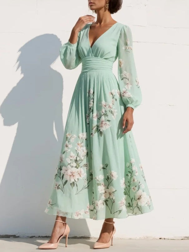 Floral V-Neck Pleated Midi Dress