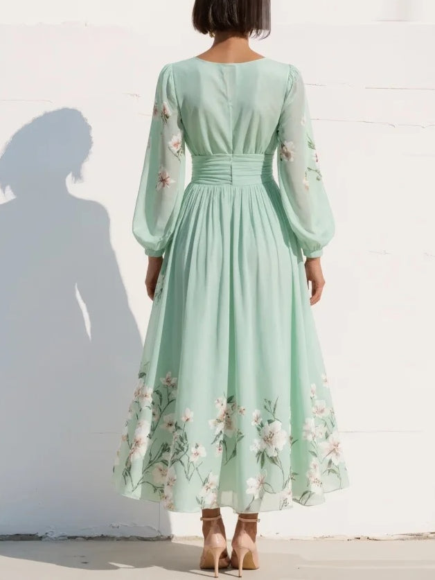 Floral V-Neck Pleated Midi Dress