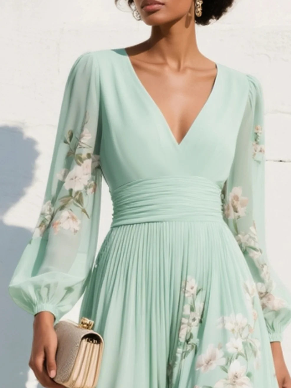Floral V-Neck Pleated Midi Dress