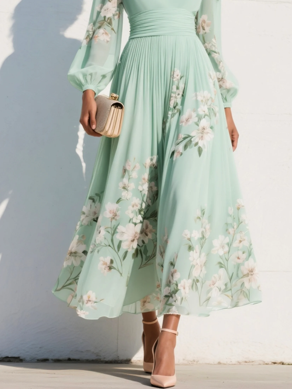 Floral V-Neck Pleated Midi Dress