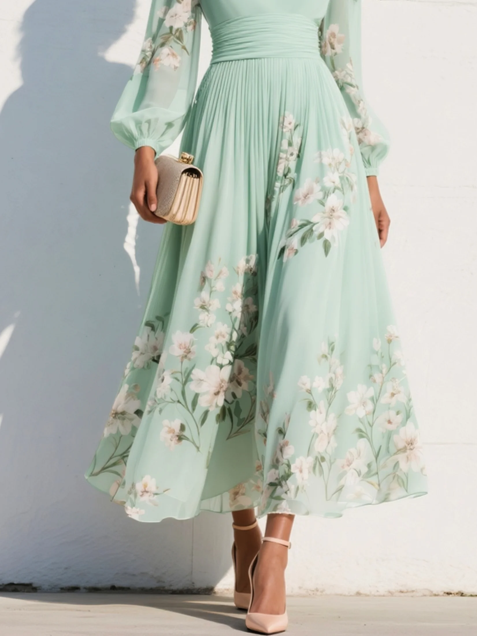 Floral V-Neck Pleated Midi Dress
