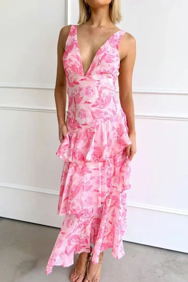 Deep V-Neck Tiered Chiffon Maxi Dress