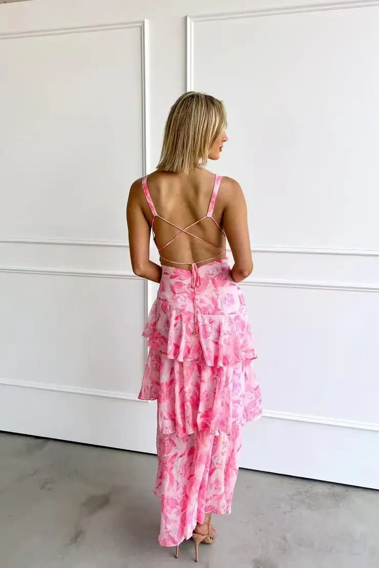 Deep V-Neck Tiered Chiffon Maxi Dress