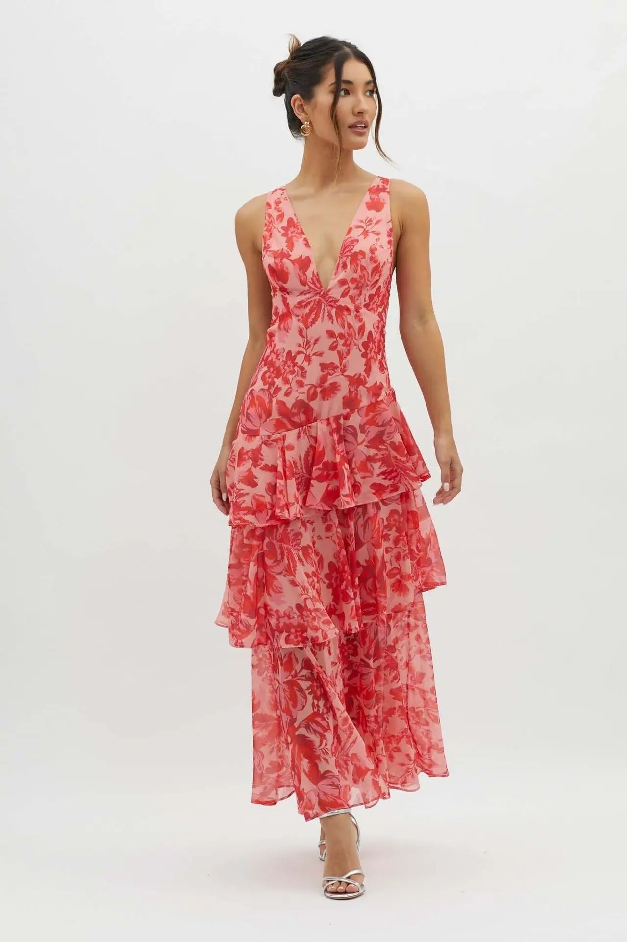 Deep V-Neck Tiered Chiffon Maxi Dress