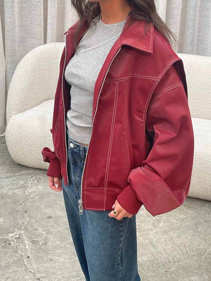 Women's Oversized Zip-Up Bomber Jacket with Classic Collar