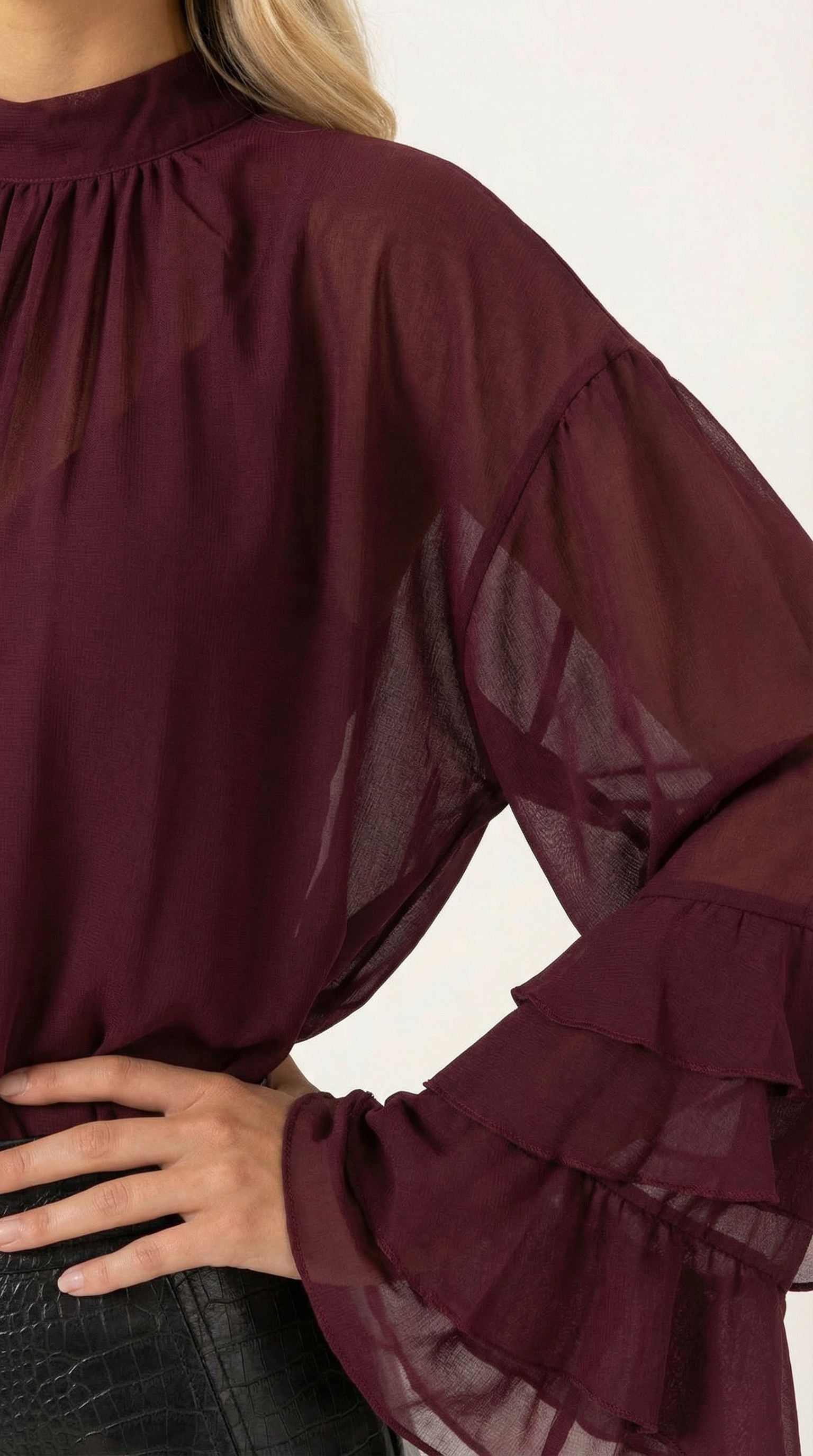Sheer Mock Neck Ruffle Sleeve Top