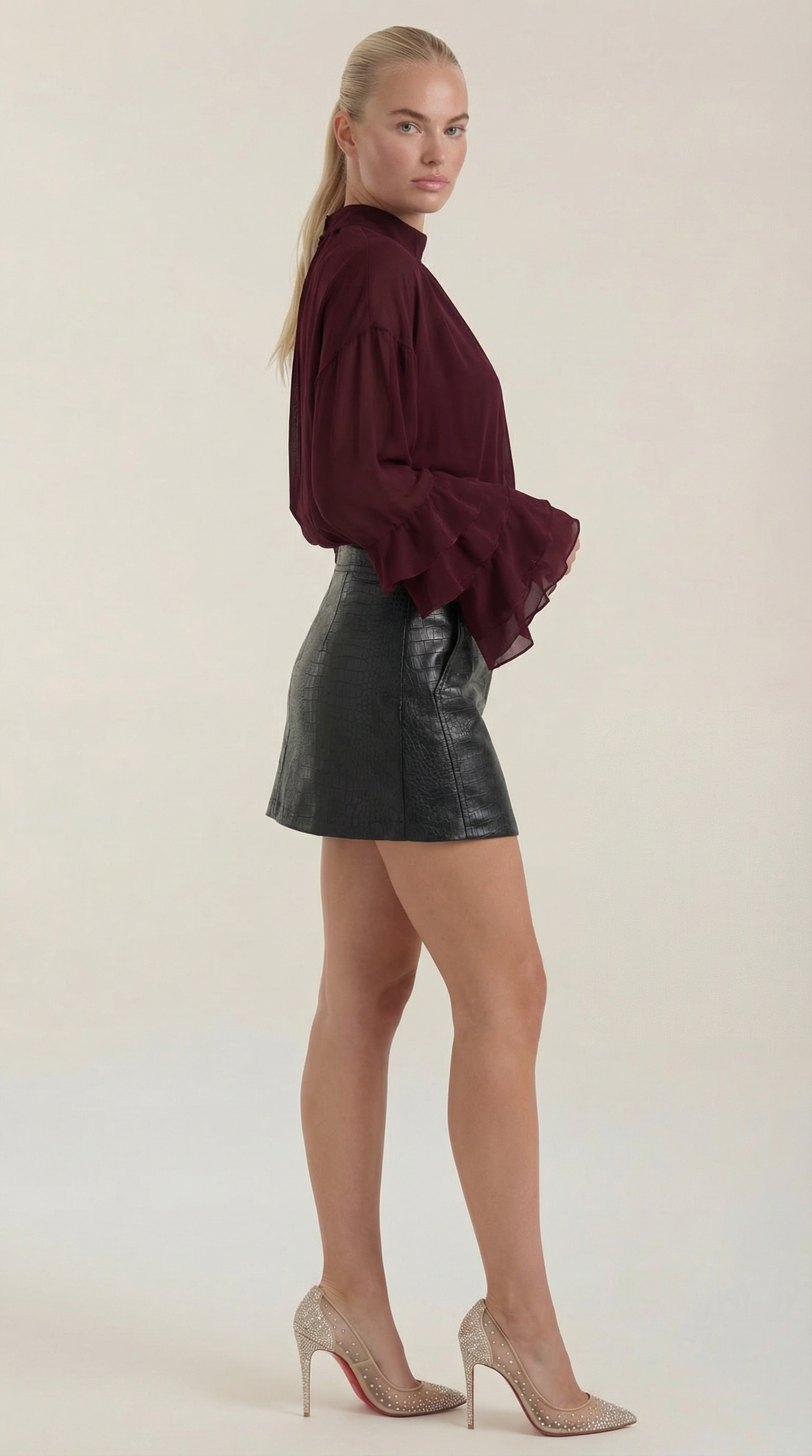 Sheer Mock Neck Ruffle Sleeve Top