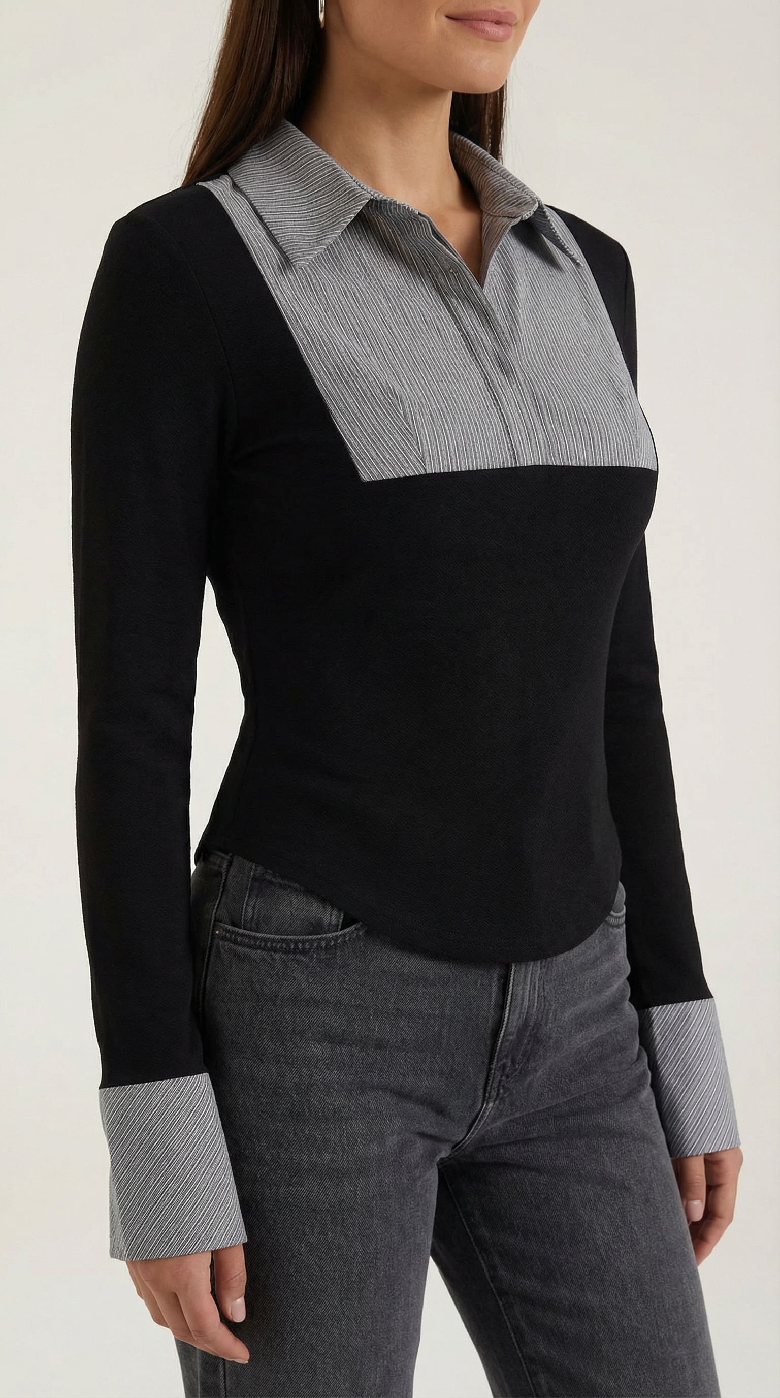 Pleated Bib Long Sleeve Top