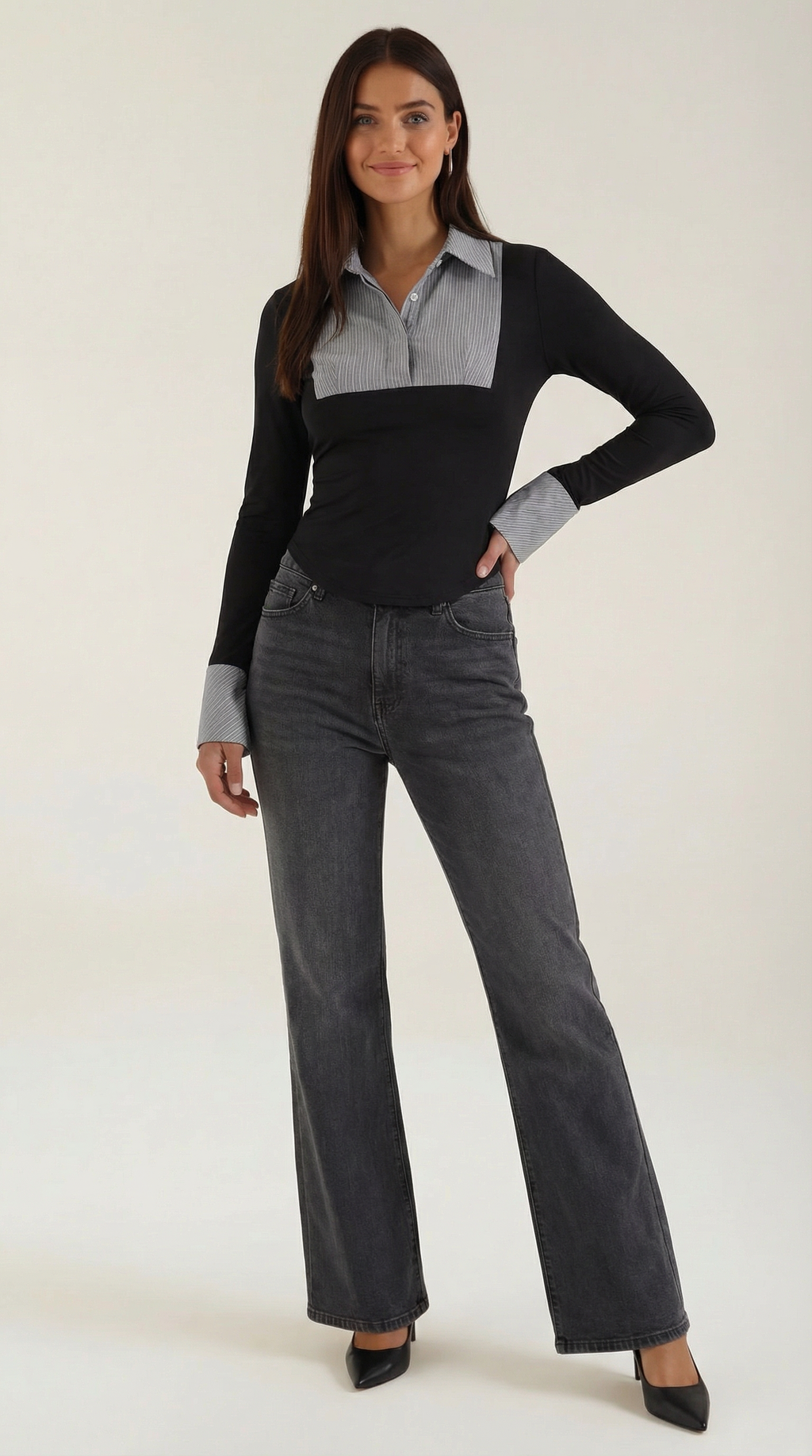 Pleated Bib Long Sleeve Top