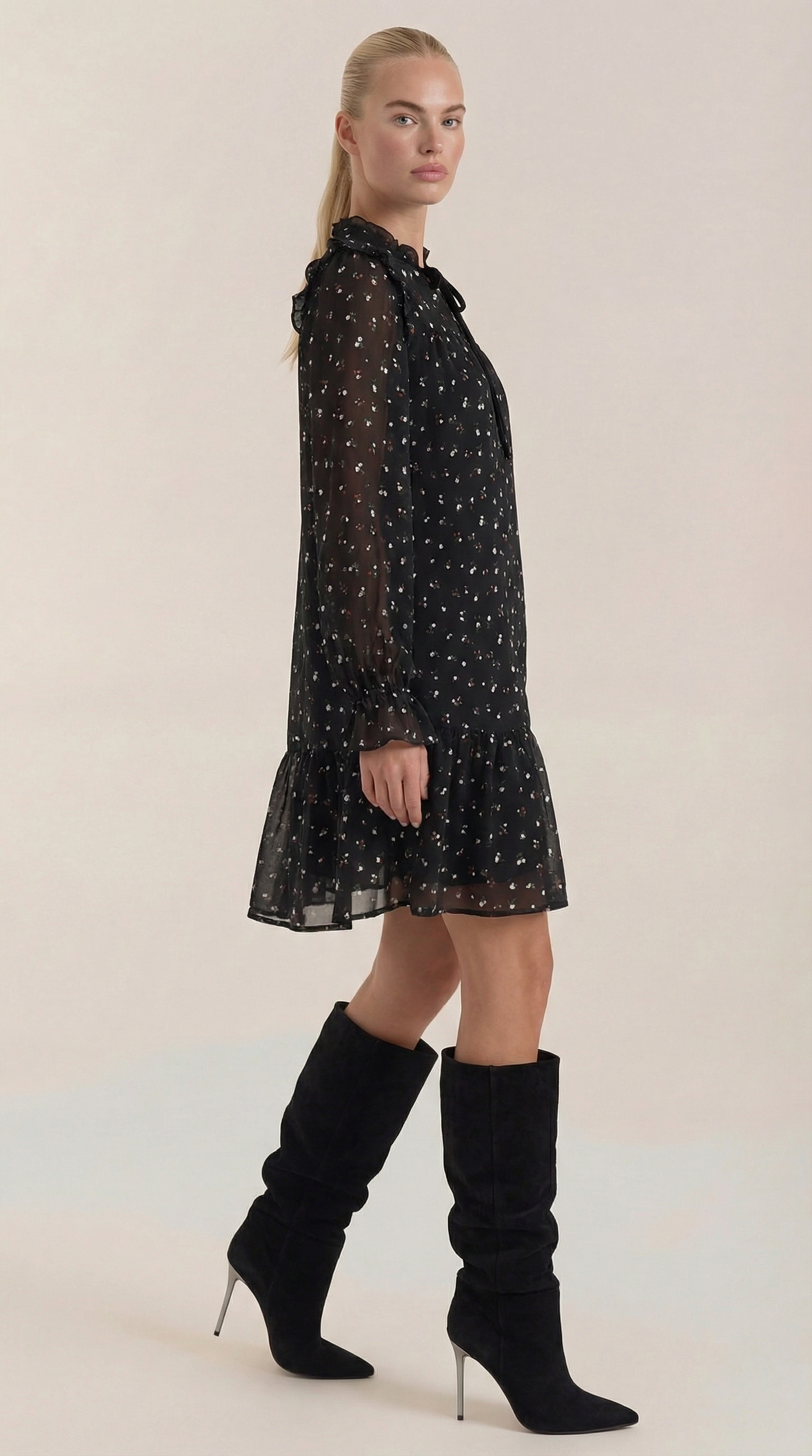 Ruffle Trim Metallic Dot Mini Dress