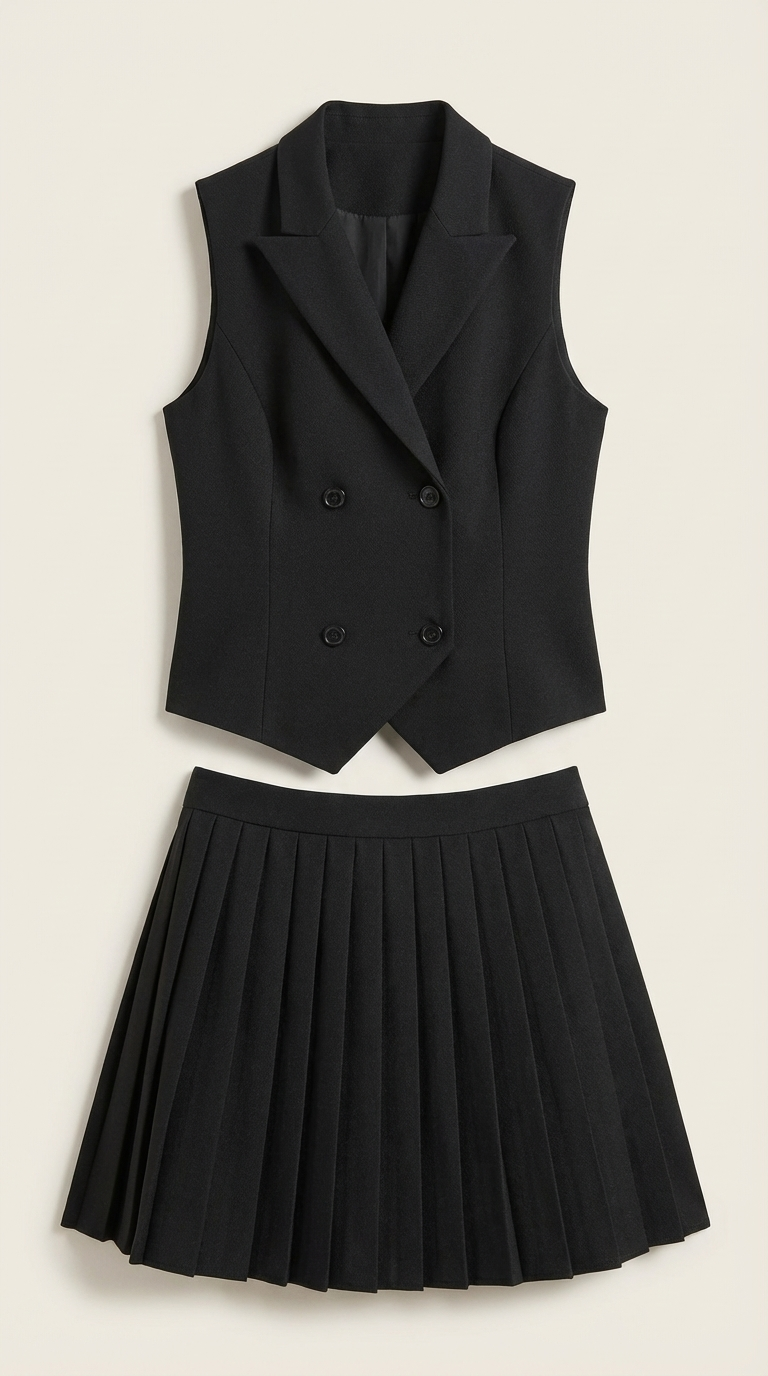 Blazer Vest and Pleated Skirt Set