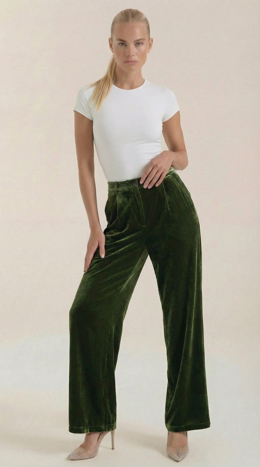 High-Waist Velvet Wide-Leg Trousers